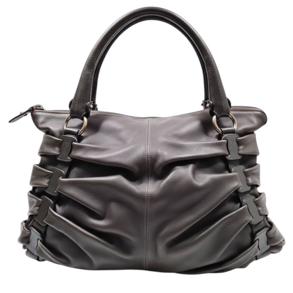 Auth Salvatore Ferragamo Ruched Gathered Pleated Gray Leather Shoulder Bag Hobo - Picture 1 of 16